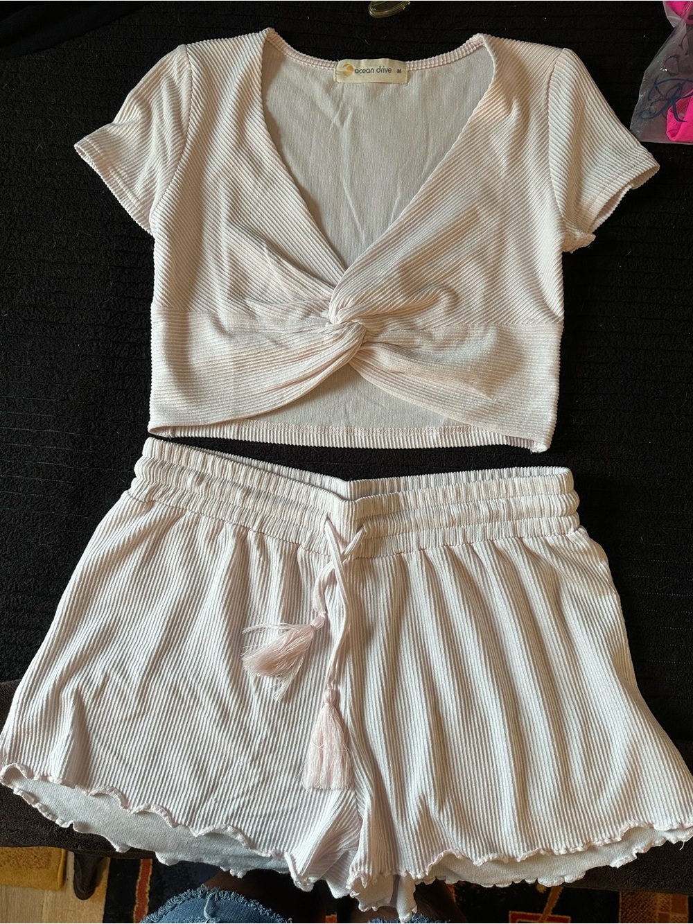ocean drive Women's Ribbed Twist-Front Set in Light Pink